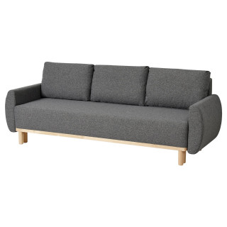 Szara rozkładana sofa GRUNNARP z drewnianymi nogami, przekształca się w pełnowymiarowe łóżko, oferuje miejsce do przechowywania.