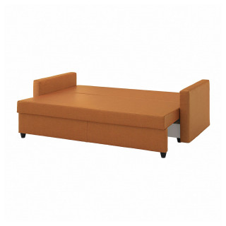 Sofa rozkładana FRIHETEN pomarańczowa ze schowkiem, pokrowcem z tkaniny, prostokątnym kształtem, czterema nogami.