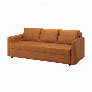 Pomarańczowa rozkładana sofa FRIHETEN o eleganckim wyglądzie i wbudowanym schowku.