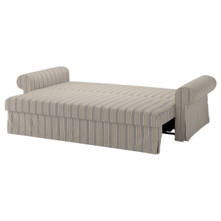 Rozkładana sofa VRETSTORP, w szare paski, łatwo się rozkłada, miękkie poduszki, nowoczesny design.