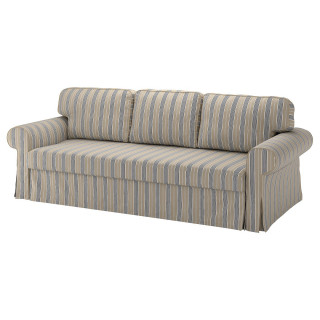 Sofa rozkładana VRETSTORP, szara w paski, miękko wyglądająca, zwijane podłokietniki, duże poduszki.