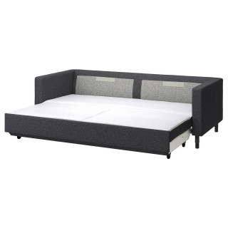 rozkładana sofa z szarymi poduszkami; Praktyczne przechowywanie i nowoczesny design.