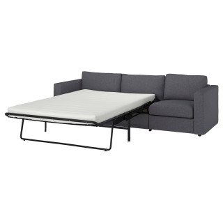 Sofa rozkładana VIMLE w kolorze szarym, nowoczesna, trzyosobowa z grubym materacem, elegancka metalowa rama.