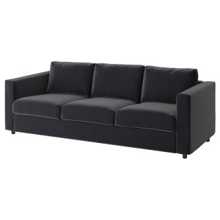Nowoczesna, ciemnoszara sofa VIMLE o eleganckim designie, wyposażona w pluszowe poduszki i mechanizm rozkładanej sofy.