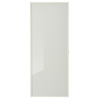 Białe szklane drzwi IKEA HÖGBO o minimalistycznym designie, z elegancką aluminiową ramą.