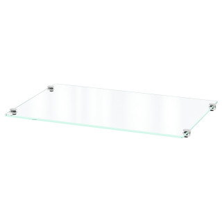 Przezroczysta szklana półka z metalowymi uchwytami, nowoczesny design, idealny do montażu na ścianie.