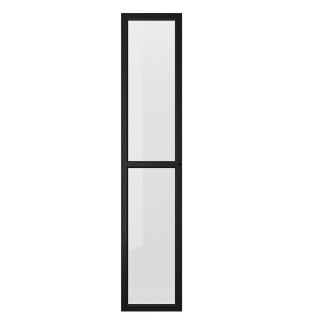 Drzwi szklane z czarną ramą, prostokątne, nowoczesny design.